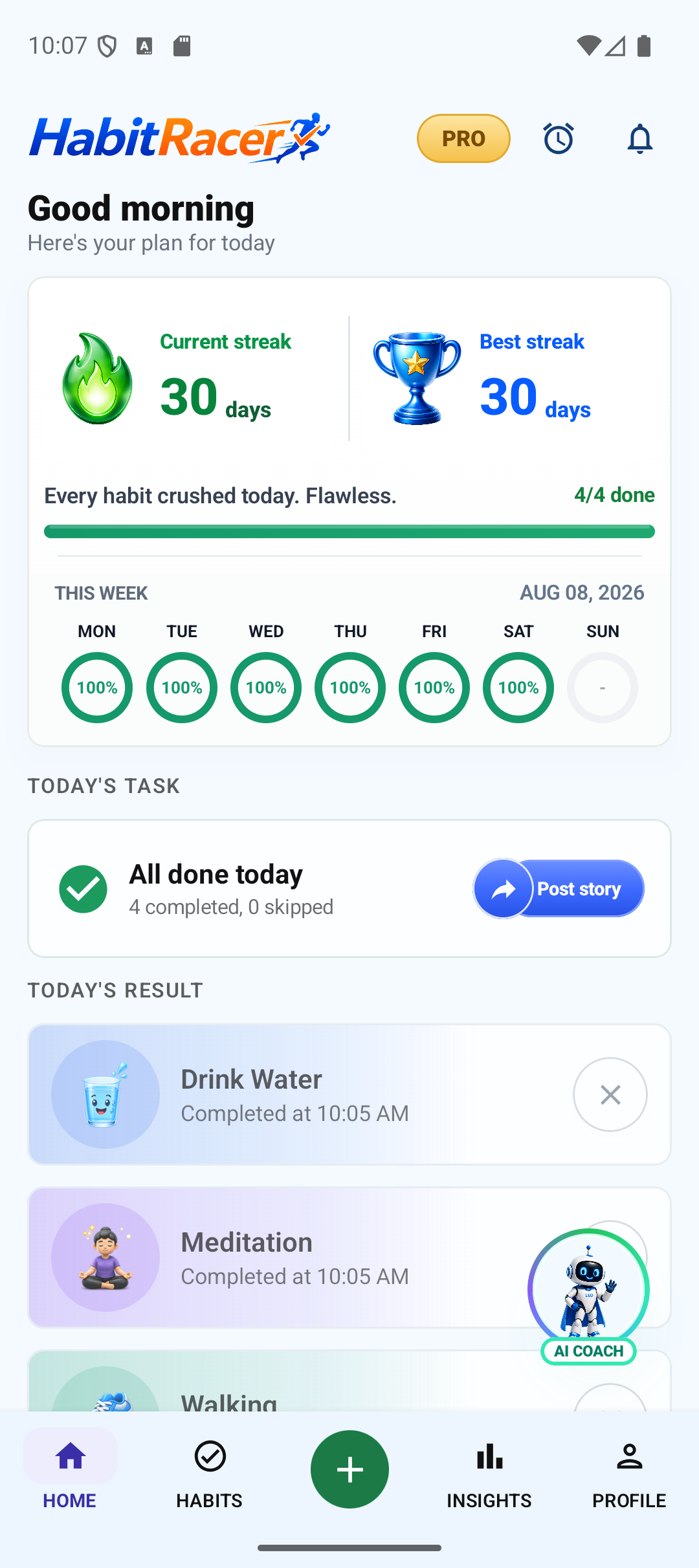 HabitRacer home screen showing today's habits and streaks